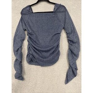 Cocobleu Shirt Women Sz Large Cinch Top Navy Blue Sparkly Vacation Cruise Resort